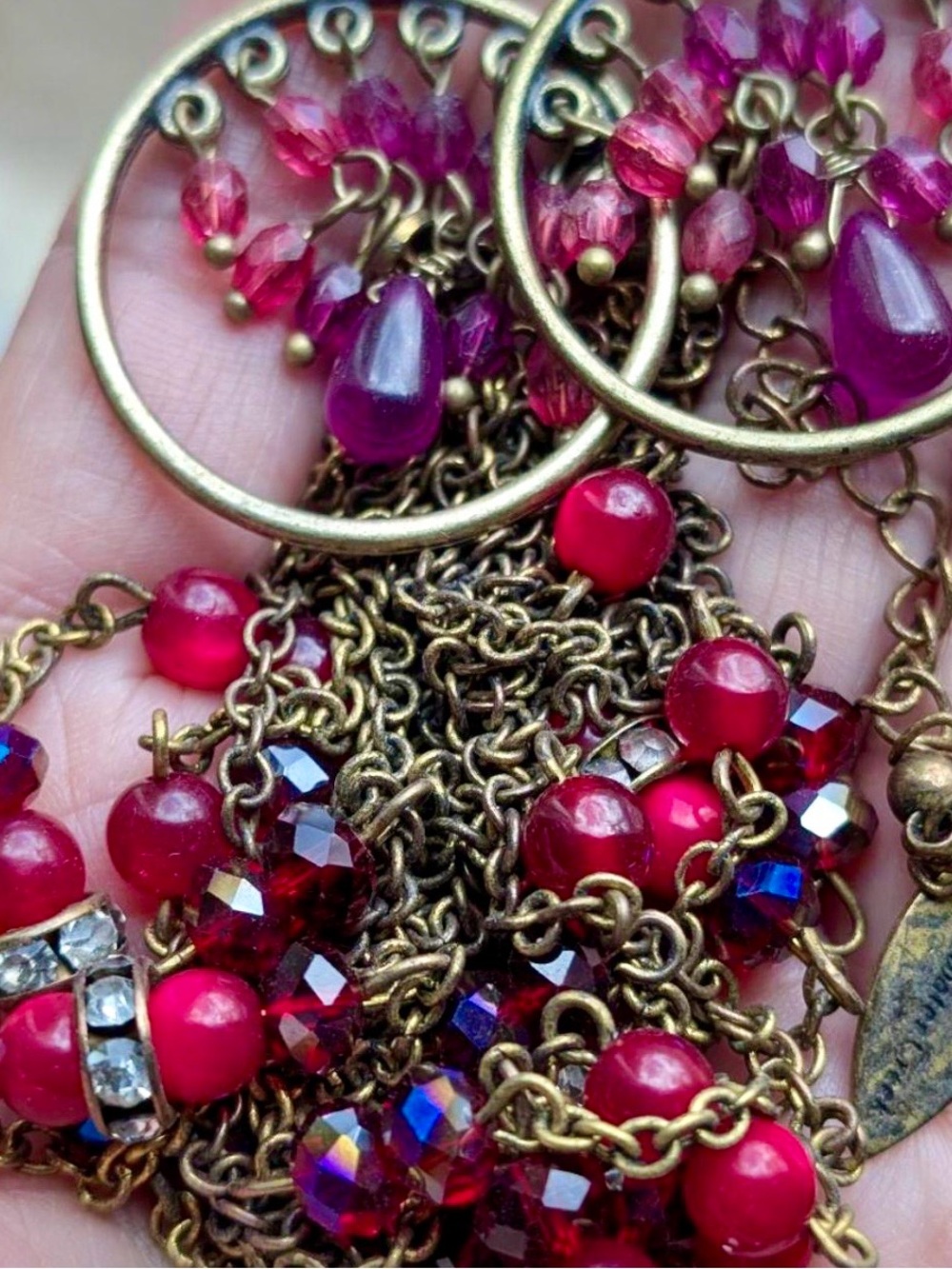 Coldwater Creek Red and Fuchsia Beaded Necklace and Earrings